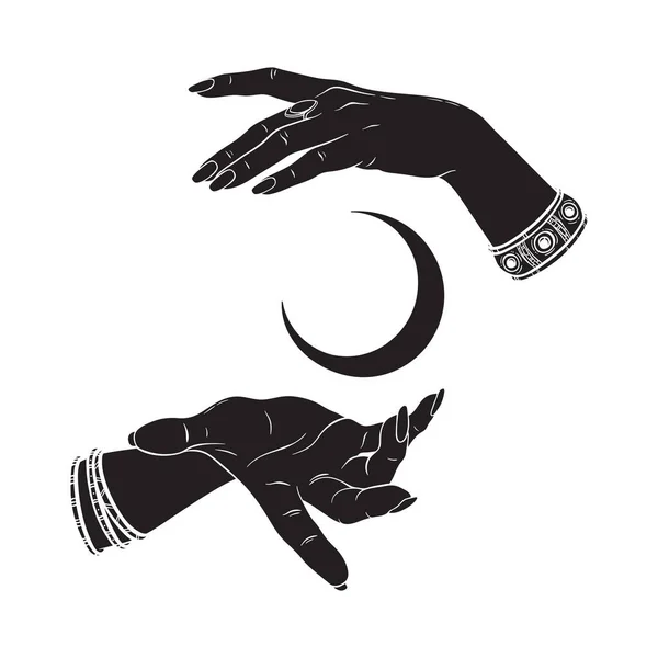 Hand Drawn Female Witch Hands Holding Crescent Moon Flash Tattoo — Stock Vector