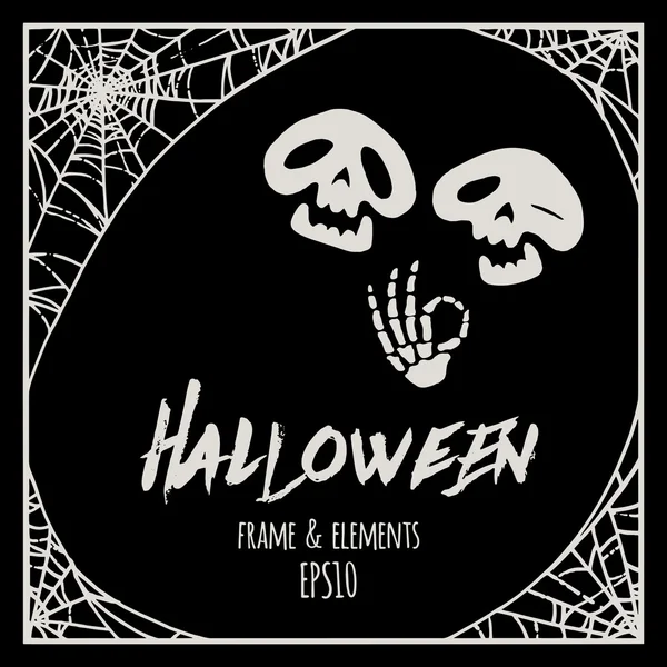 Halloween cobweb ram och element - två tecknade skelett — Stock vektor