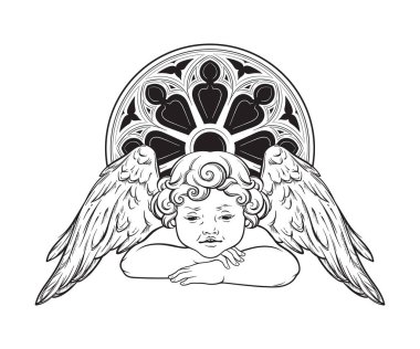 Gothic Angel Cherub Illustration Sacred Line Art Vector with Cathedral Window.