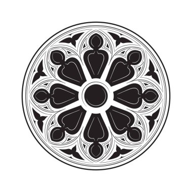 Gothic Rose Window with Ornate Floral Pattern Medieval Cathedral Stained Glass Design Vector Illustration.