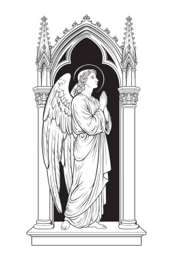 Gotik Melek Heykeli Katedral Kemeri Dini Sanat Vektörü İllüstrasyonunda Dua Ediyor.