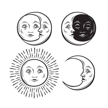 Vintage Gökyüzü Güneşi ve Ay Yüzleri İşleme Biçimi Vektör Resimlemesi.