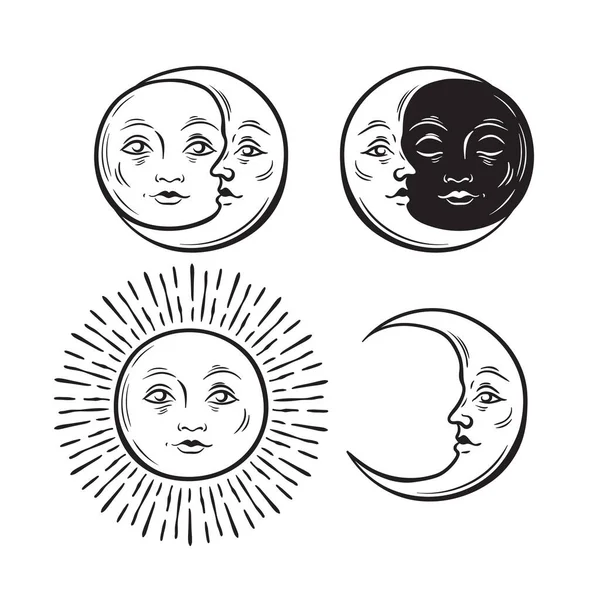 Vintage Gökyüzü Güneşi ve Ay Yüzleri İşleme Biçimi Vektör Resimlemesi.