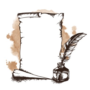 Paper scroll, feather and inkwell. Vector illustration clipart