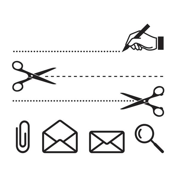 Forbici vettoriali linee di taglio e icone per notebook. Ricerca, taglio, scrittura, lettere e clip — Vettoriale Stock