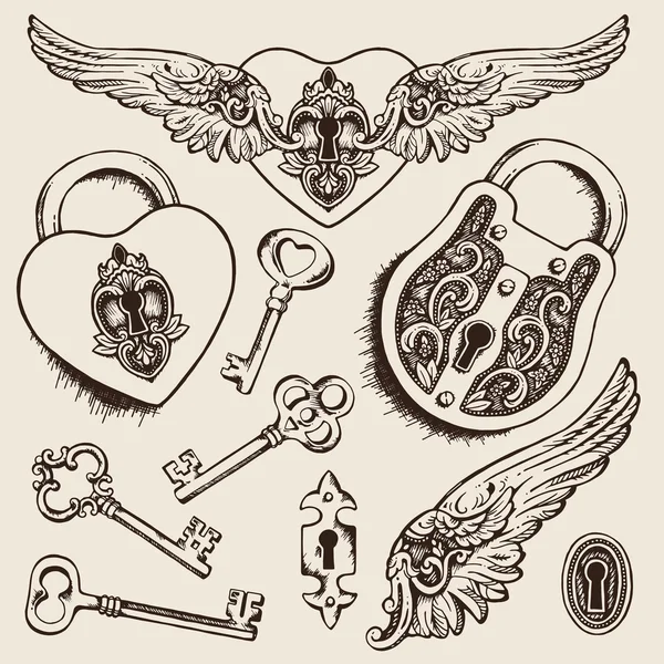 Clés et serrures Illustration vectorielle. Cadenas en forme de coeur avec ailes dans un style gravé vintage avec des clés élégantes — Image vectorielle