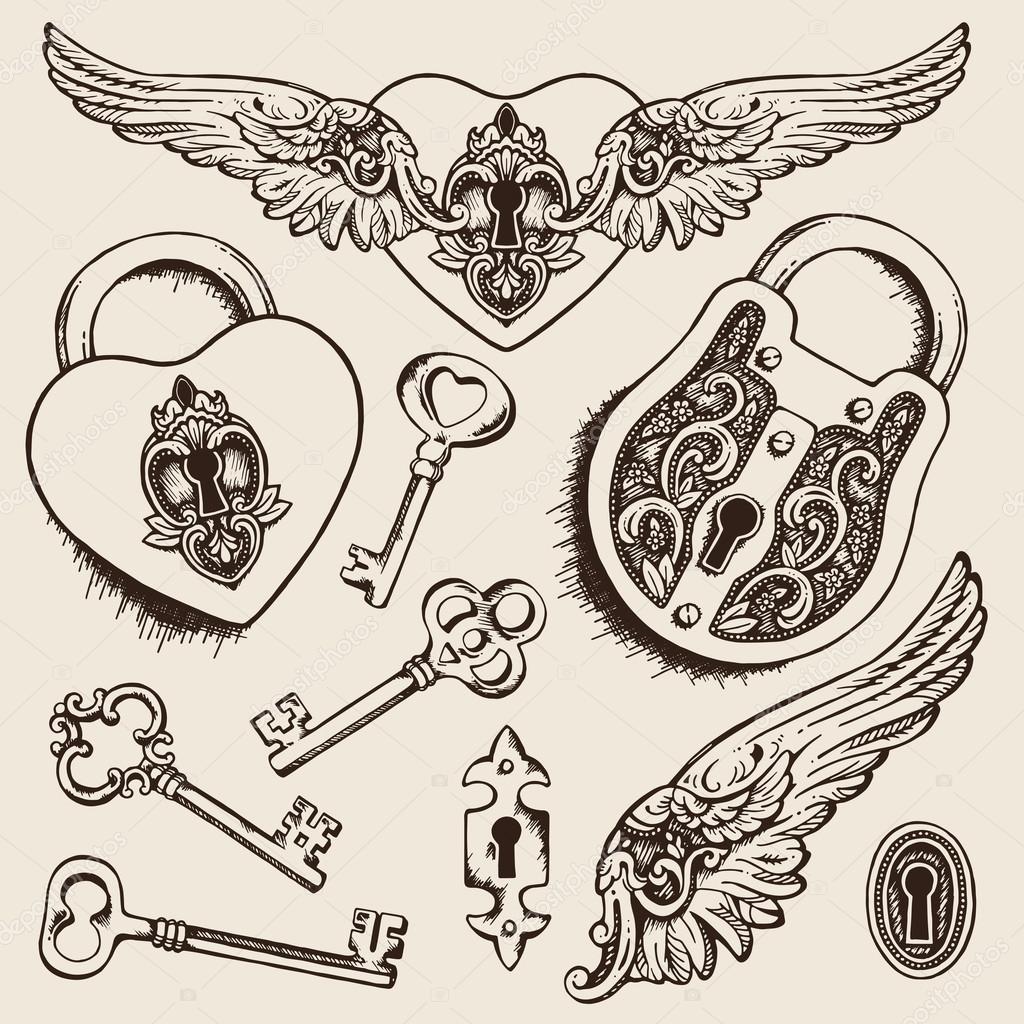 Keys and locks Vector illustration. Heart shaped padlock with wings in vintage engraved style with elegant keys