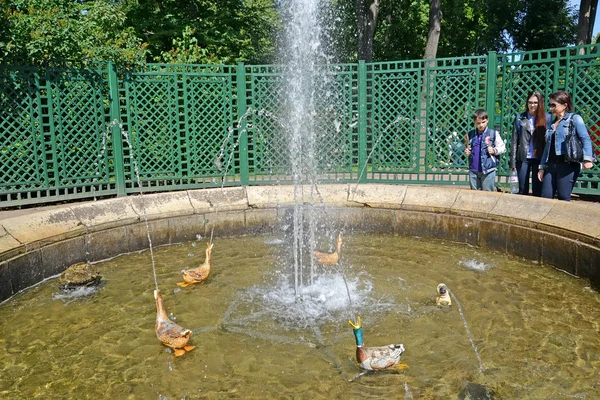 PETERHOF, RUSSIA - JULY 24, 2015: Tourists about the Favourite fountain — Stock Photo, Image