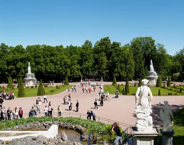 PETERHOF, RUSIA - 11 de junio de 2008: Una vista de las fuentes romanas en el parque Nizhny — Foto de Stock