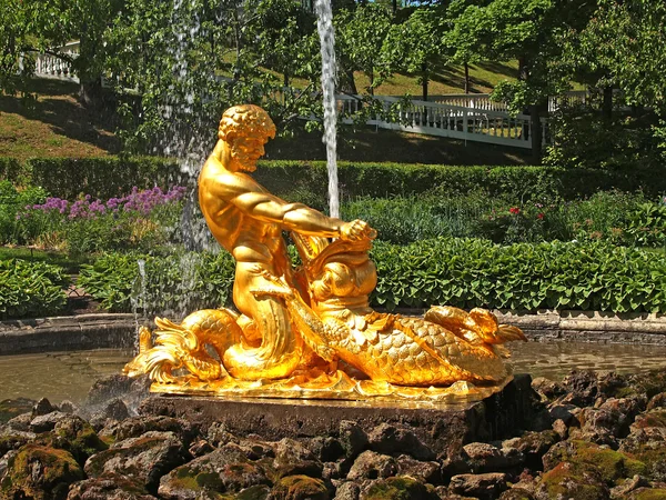 PETERHOF, RUSSIA - JUNE 11, 2008: The "Triton Who Is Tearing Apart a Mouth to a Sea Monster" fountain in Nizhny park — Stock Photo, Image