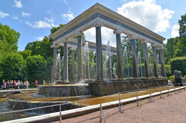 Peterhof, Rusya - 24 Temmuz 2015: Aslan cascade Nizhny Park