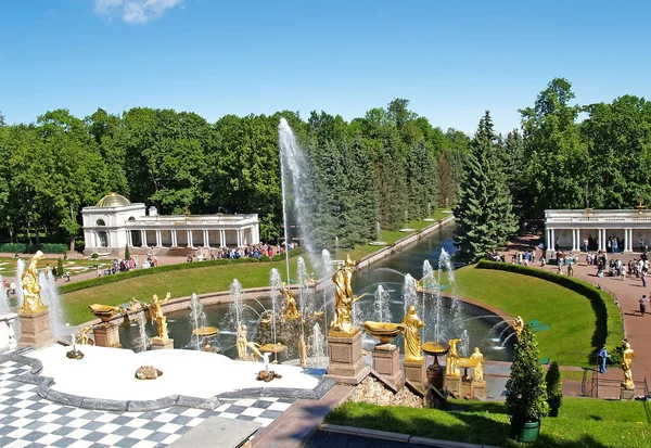 PETERHOF, RUSIA - 11 de junio de 2008: Una vista de la gran cascada y la columnata Voronikhinsky en el parque Nizhny —  Fotos de Stock