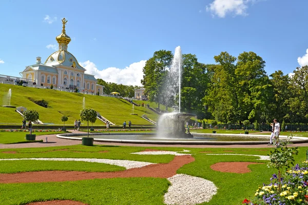 ПЕТЕРХОФ, РОССИЯ - 24 июля 2015 года: Вид на фонтан и музей "Специальный склад". Нижний парк — стоковое фото