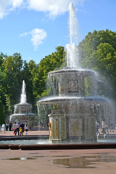 Peterhof, Rusland - 24 juli 2015: De Romeinse fonteinen in de zomerdag — Stockfoto