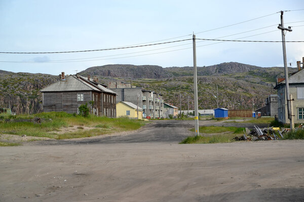 View of Murmanskaya Street in the settlement of Teriberka. Murmansk region