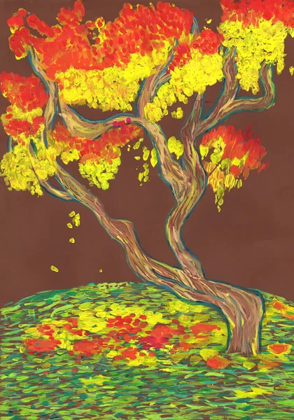 Φωτεινό Φθινοπωρινό Δέντρο Στην Τεχνική Του Πουαντιλισμού Παιδική Ζωγραφιά — Φωτογραφία Αρχείου