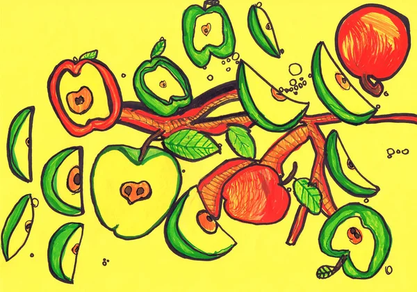 Яблука Жовтому Тлі Дитячий Малюнок Змішана Техніка — стокове фото