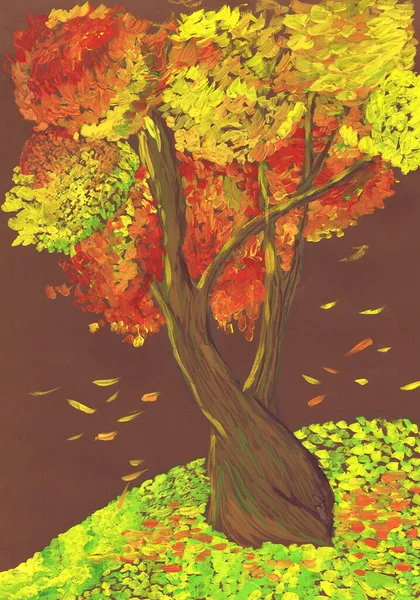 Lonely Autumn Tree Using Pointillism Technique Child Drawing — Stock Photo, Image