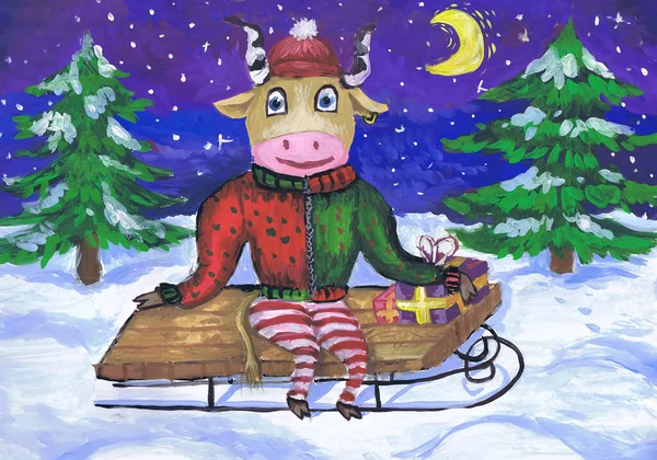 Ταύρος Κάθεται Έλκηθρα Δώρα Της Πρωτοχρονιάς Παιδική Ζωγραφιά — Φωτογραφία Αρχείου