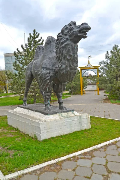Elista Rússia Abril 2017 Escultura Camel Proprietário Estepe Fundo Arco — Fotografia de Stock