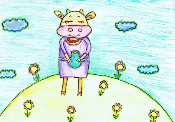 Süt Kaplı Bir Inek Çiçek Çayırında Duruyor Çocuk Çizimi Stok Resim