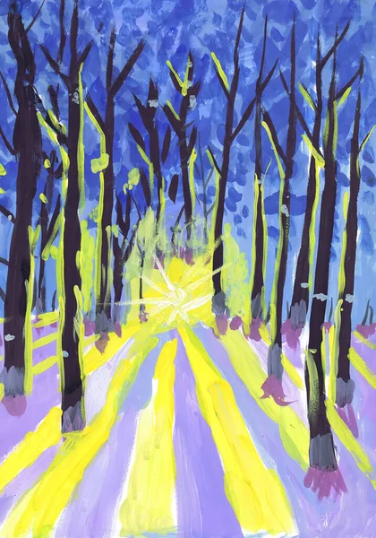 Sunrise Winter Forest Children Drawing — Stock Photo, Image