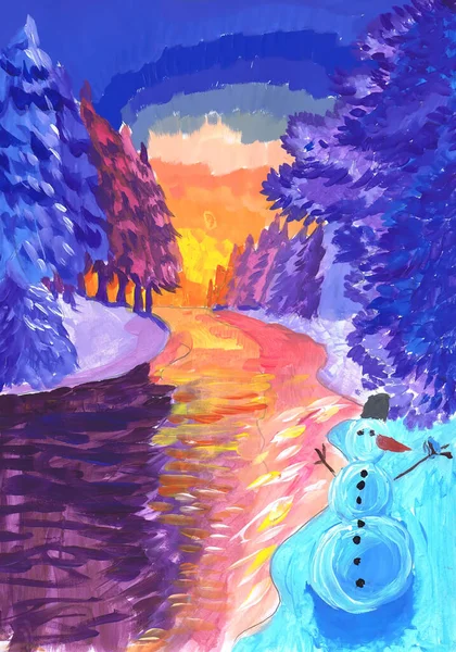 Beautiful sunset on the river in the winter evening. Children\'s drawing