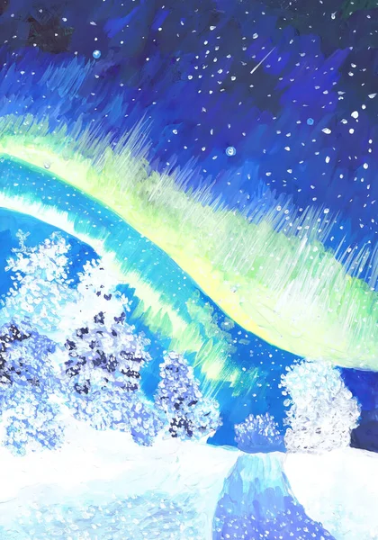 Βόρεια Φώτα Βράδυ Του Χειμώνα Παιδική Ζωγραφιά — Φωτογραφία Αρχείου