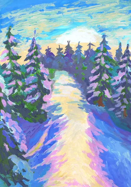 Winter road in coniferous forest at sunrise. Children\'s drawing