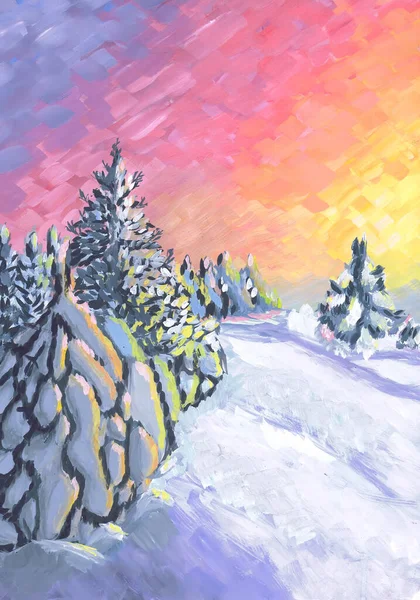 Scarlet Dawn Snowy Coniferous Forest Winter Landscape Children Drawing — Stock Photo, Image