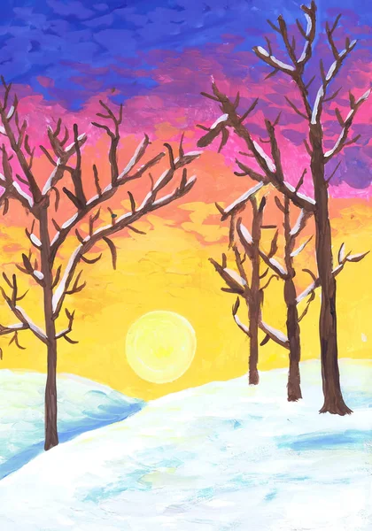 冬の森の夕日 子供の絵 — ストック写真