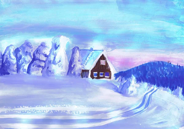 森の郊外にある家 冬の風景 子供の絵 — ストック写真