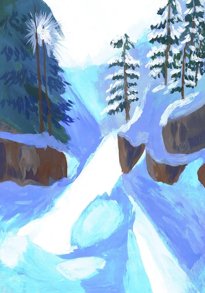 山の中で冬の風景 子供の絵 — ストック写真