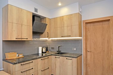 Mutfakta dolap mobilyası var. Çatı katı elementli modern minimalizm