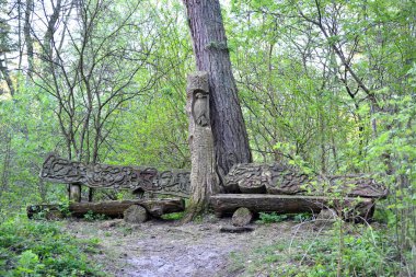 KALINGRAD REGION, RUSSIA - 26 Nisan 2014: Curonian Spit Ulusal Parkı 'ndaki Müze Kompleksi, Ziyaretçi Merkezi topraklarındaki ahşap dekoratif bank