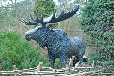 KALINGRAD REGION, RUSSIA - Mayıs 05, 2009: Ormandaki geyik heykeli. Ziyaret Merkezi 'nin Kurshskaya Ulusal Parkı Müze Kompleksi Bölgesi