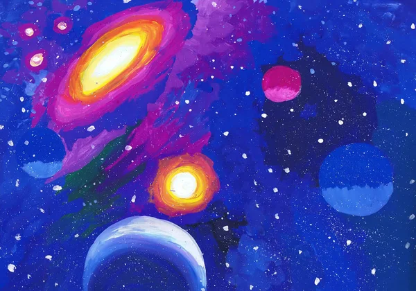 Outer Space Bright Planets Child Drawing — Stock Photo, Image