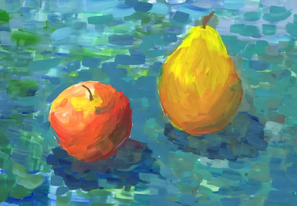 Apple Pear Turquoise Background Children Drawing — Φωτογραφία Αρχείου