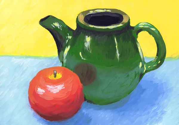 Educational Still Life Kettle Apple Painting — Φωτογραφία Αρχείου