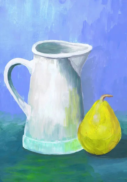 Educational Still Life White Jug Pear Painting — kuvapankkivalokuva