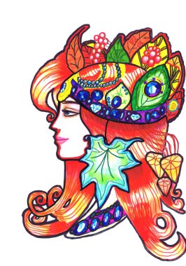 Sonbahar dekorasyonunda bir kadın resmi. Çocuk çizimi, karışık teknik.