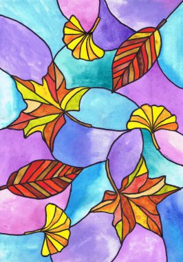 Parlak sonbahar yaprakları. Vitray bir pencere çiz. Çocuk çizimi
