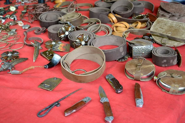 Products from skin and handwork metal at fair of national creati — Stock Photo, Image