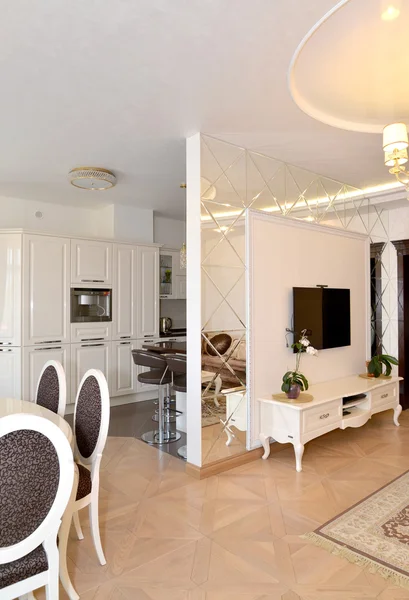 Vista de una sala de estar y la cocina dividida por un interroom m —  Fotos de Stock