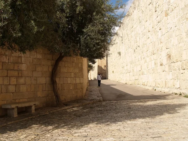 De smalle kleine straat in de oude stad op de berg Zion. Israe — Stockfoto
