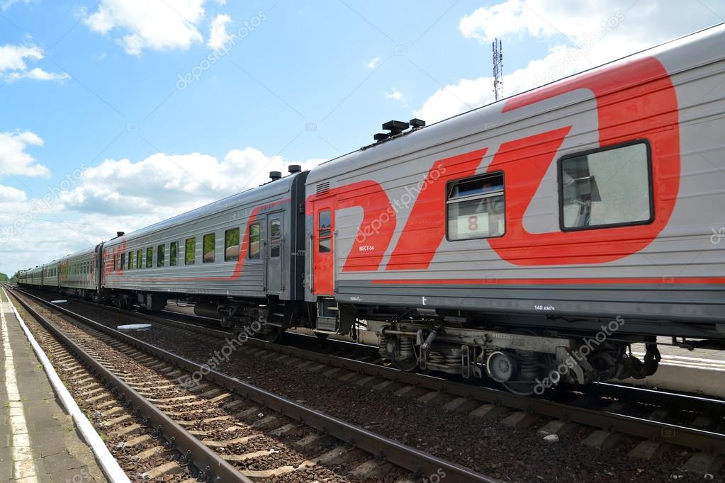 GUSEV, RUSSIA - JUNE 04, 2015: The passenger train costs on railway tracks. Russian Railways