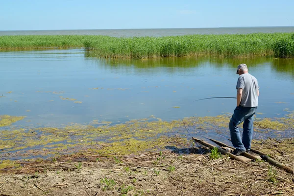 Kaliningrad, Rusland - 06 juni 2015: De oude man gevangen vis een — Stockfoto