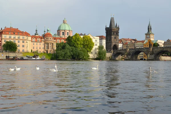 Vista sul fiume Moldava, sul ponte di Karlov e sulla torre del ponte. Ceco — Foto Stock