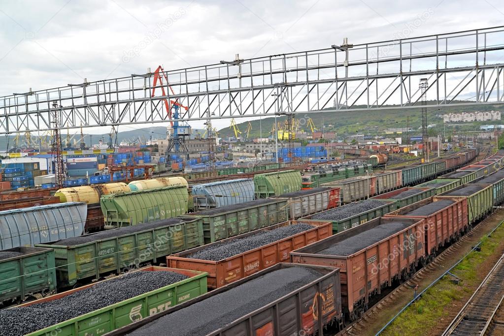 Cargo trains with coal stand Murmansk at railway station