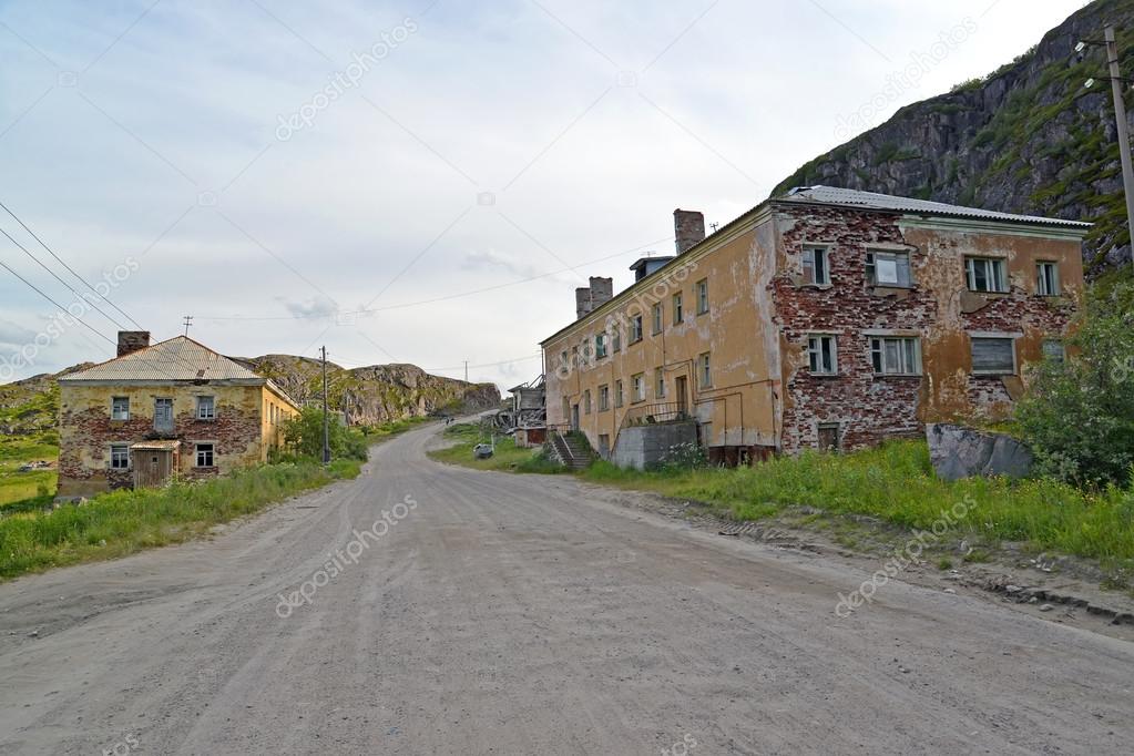 The street with the thrown houses in the settlement of Teriberka